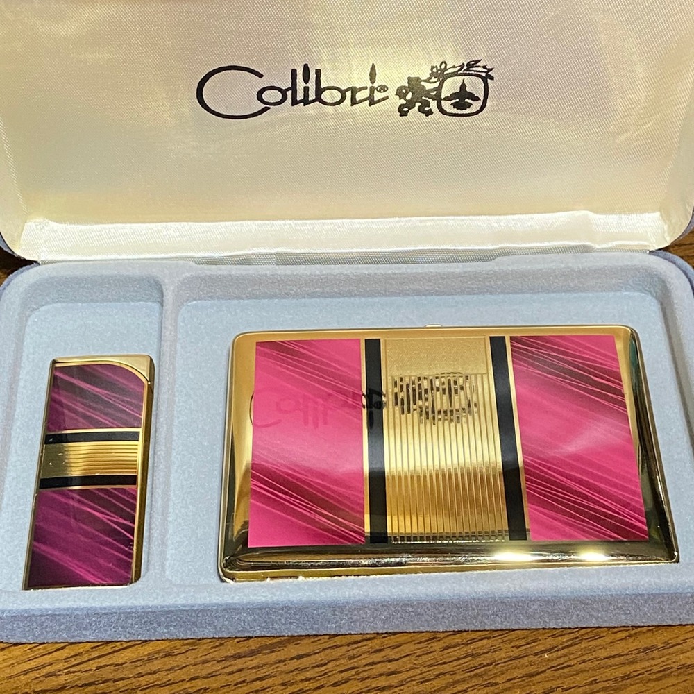 Colibri Vintage Gold Tone Pink Striped Lighter and Cigarette Case Set CCM-1006-S - Picture 2 of 10